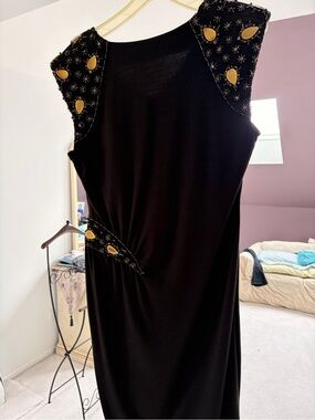 Escada Black Maxi Dress with Gold Teardrop Accents